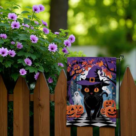 Black Cat Witch Flag for Halloween Garden Decor
