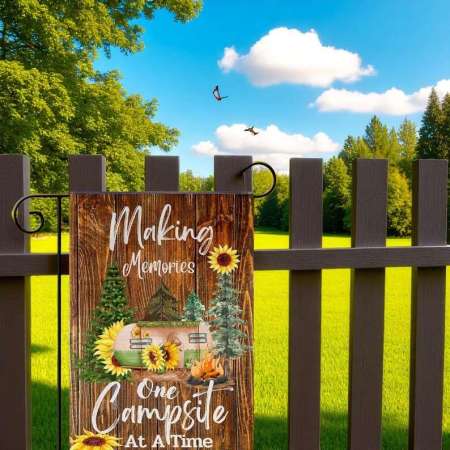 Camping Garden Flag with Rustic Camper and Sunflower Design