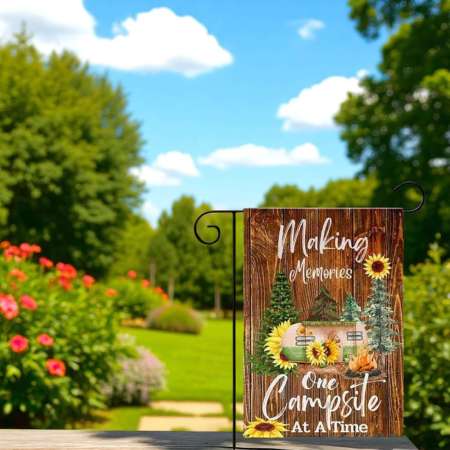 Camping Garden Flag with Rustic Camper and Sunflower Design