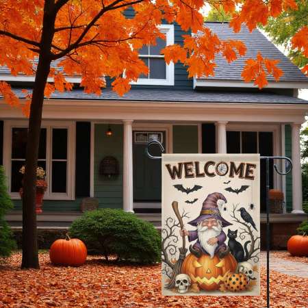 Gnome With Pumpkin Garden Flag - Cute Halloween Decor