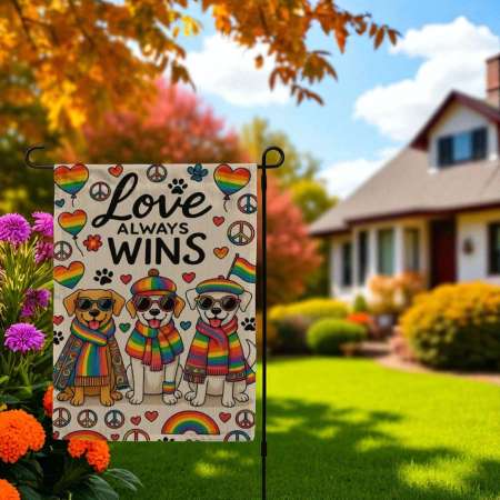 Love Always Wins Garden Flag – Colorful LGBTQ Pride Dog Decor