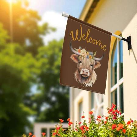 Custom Highland Cow Welcome Flag Personalized Garden Decor
